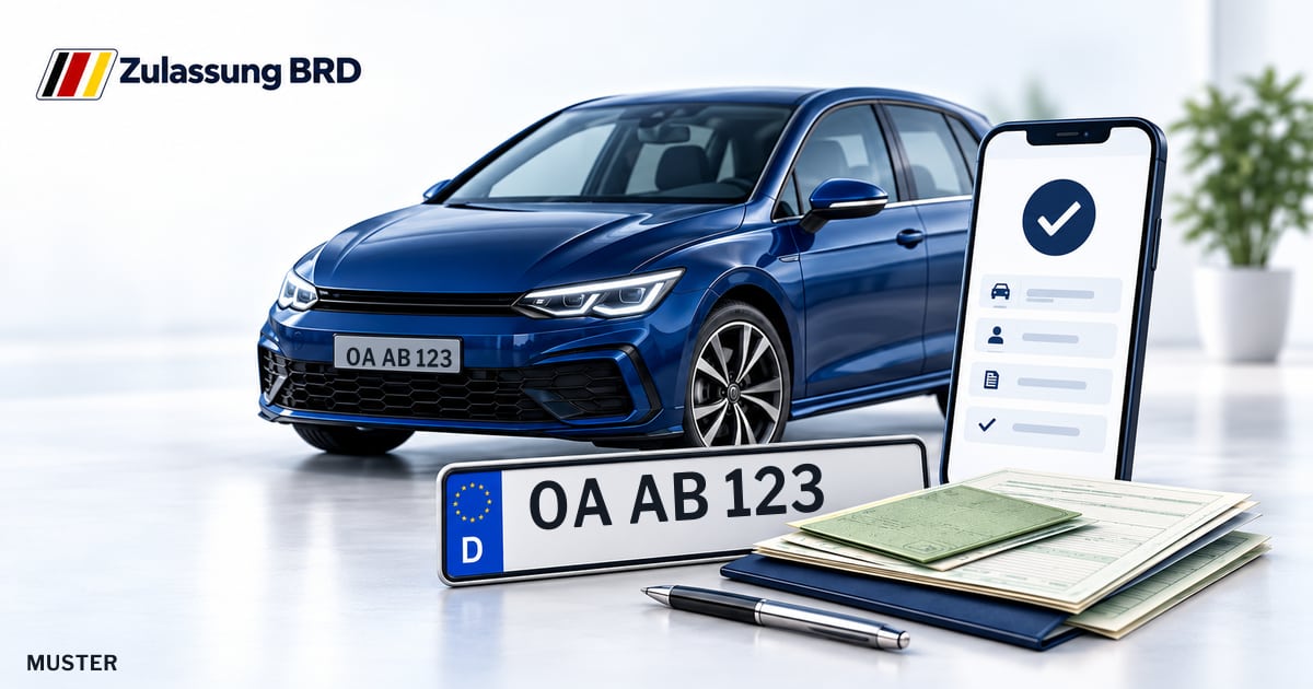 Online Fahrzeugzulassung in Immenstadt i.Allgäu: Musterkennzeichen OA AB 123, Auto und Fahrzeugpapiere und Smartphone. Illustration mit Logo von Zulassung BRD.
